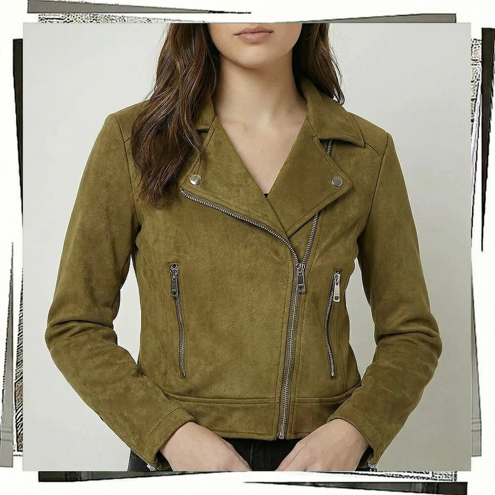 NWOT: Faux Suede Olive Green Moto Jacket (S) by ModCloth